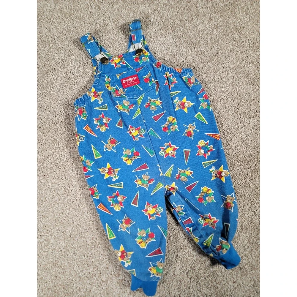 Vintage OshKosh Baby B'Gosh Overalls 24 Months Blue Teddy Bear Sports USA Made